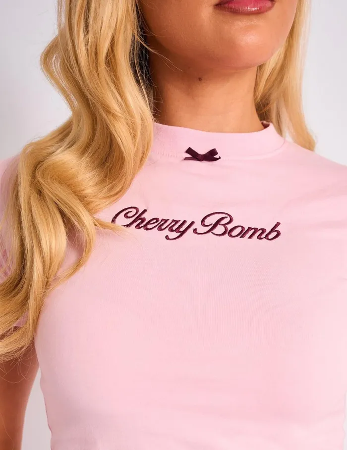 Women Kaiia Bow Detail Baby Tee Pink and Plum Plum Public Desire Tops