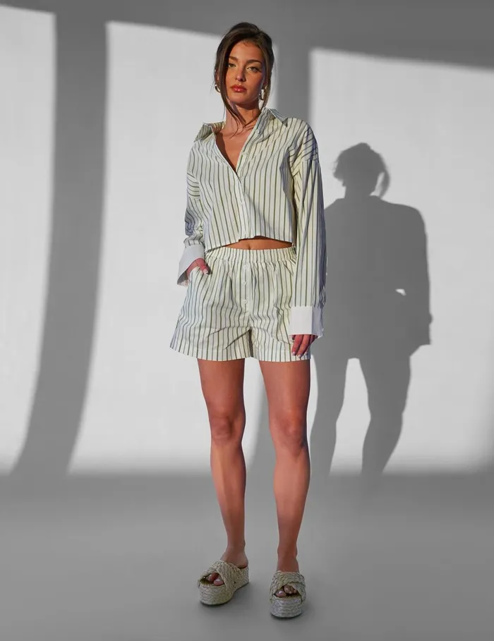 Women Kaiia Boxer Shorts Co Ord Green Stripe Green Public Desire Festival