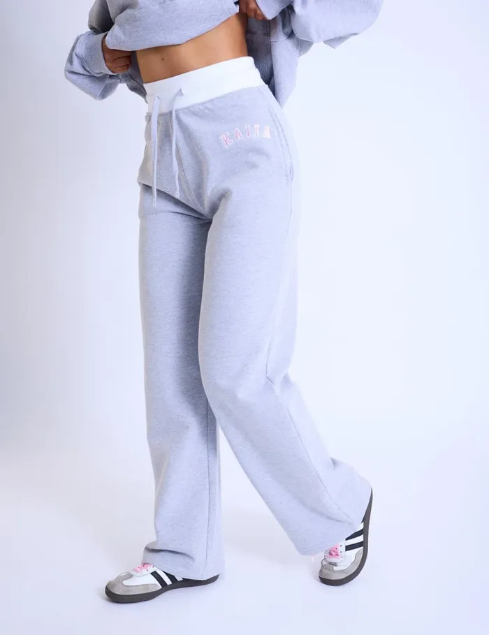 Women Kaiia Contrast Waistband Wide Leg Sweat Pants Grey Marl and Pink Marl Public Desire Jogger and Leggings