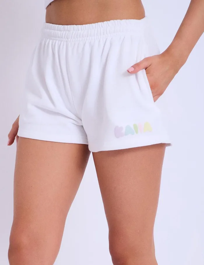 Women Kaiia Design Bubble Logo Sweat Shorts Off White and Rainbow Cream Public Desire Shorts