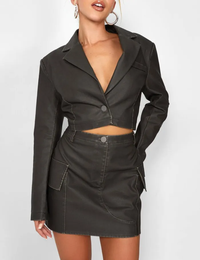 Women Kaiia Distressed Leather Look Cropped Blazer Coord In Brown Brown Public Desire Two Piece Sets