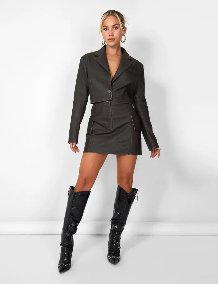 Women Kaiia Distressed Leather Look Cropped Blazer Coord In Brown Brown Public Desire Two Piece Sets