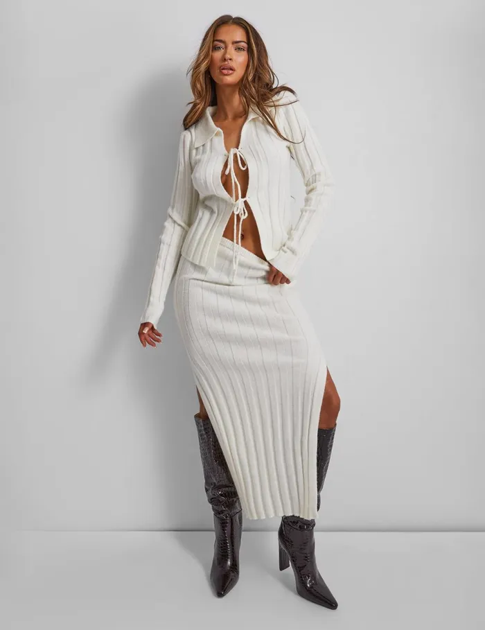 Women Kaiia Knitted Maxi Skirt In Cream Neutral Public Desire Knitwear