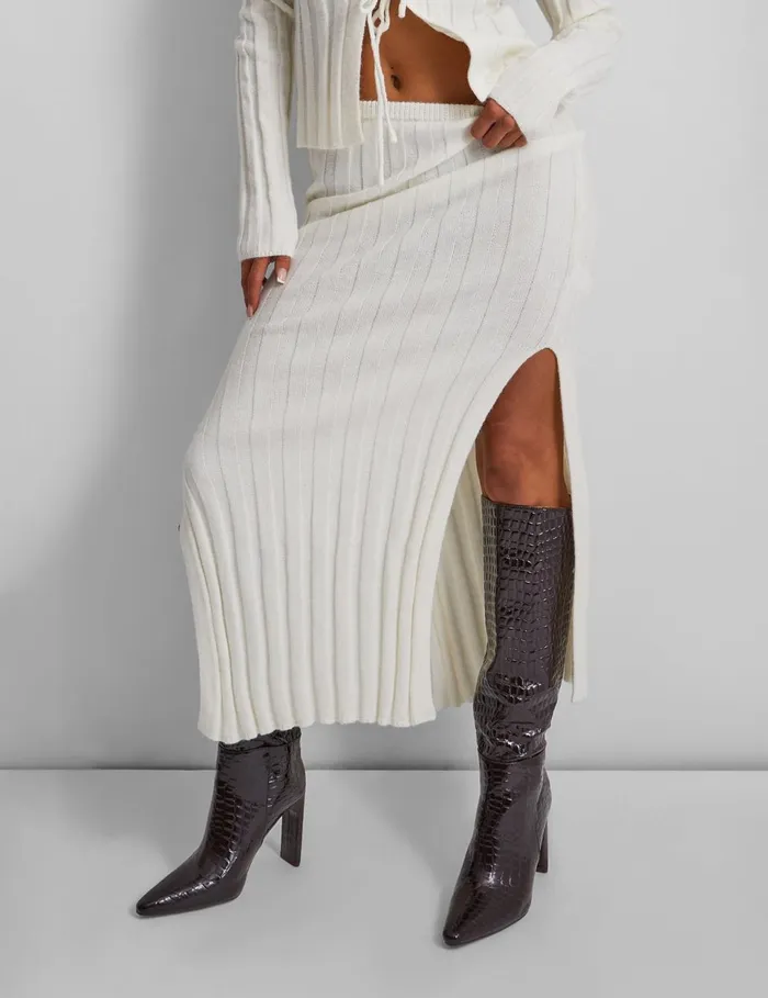 Women Kaiia Knitted Maxi Skirt In Cream Neutral Public Desire Knitwear