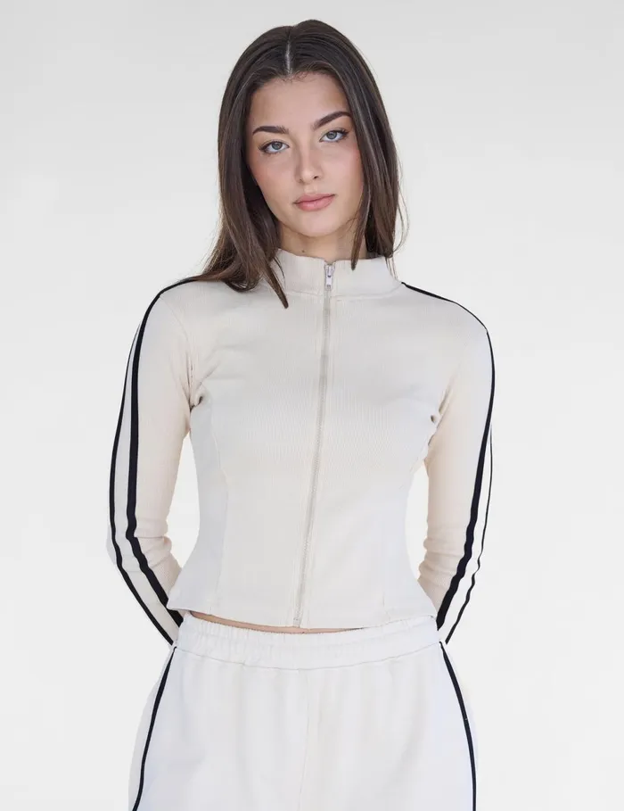 Women Kaiia Motocross Ribbed Zip Up Long Sleeve Top Stone and Black Stone Public Desire Tops Women Kaiia Motocross Ribbed Zip Up Long Sleeve Top Stone and Black Stone Public Desire Tops
