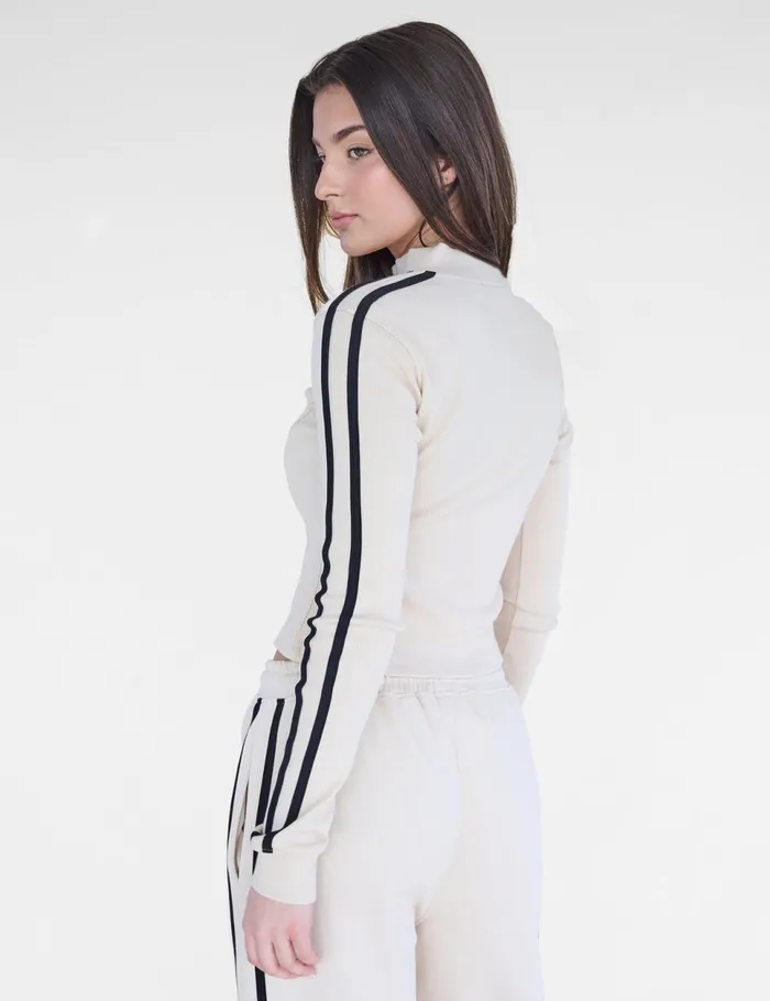 Women Kaiia Motocross Ribbed Zip Up Long Sleeve Top Stone and Black Stone Public Desire Tops