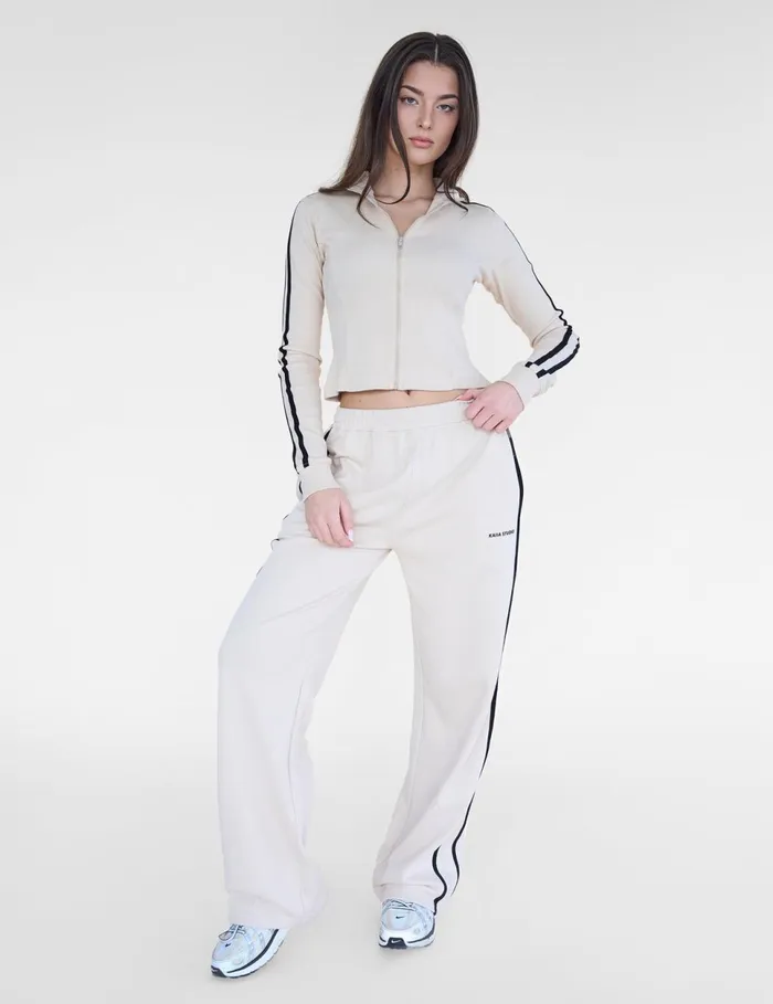 Women Kaiia Motocross Ribbed Zip Up Long Sleeve Top Stone and Black Stone Public Desire Tops