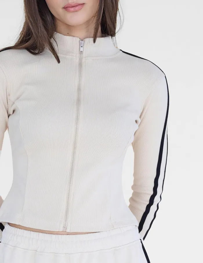 Women Kaiia Motocross Ribbed Zip Up Long Sleeve Top Stone and Black Stone Public Desire Tops