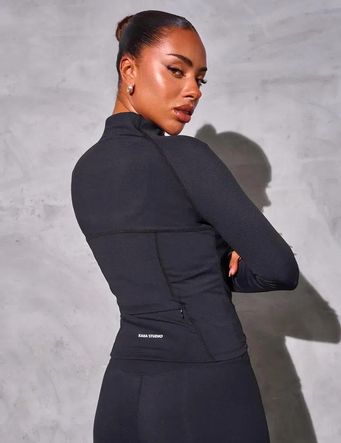 Women Kaiia Sculpt Long Sleeve Zip Through Fitted Top Black Black Public Desire Tops