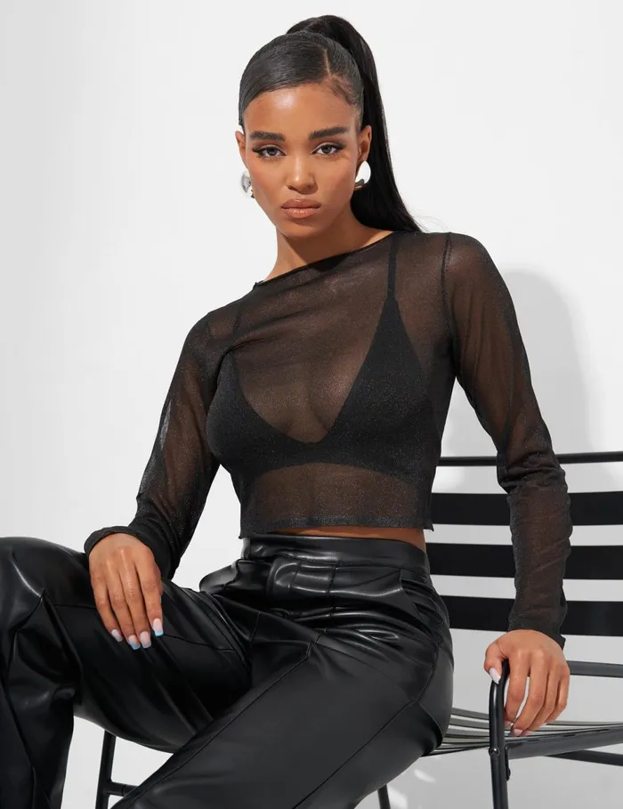 Women Kaiia Sheer Knit Top In Black Glitter Black Public Desire Tops
