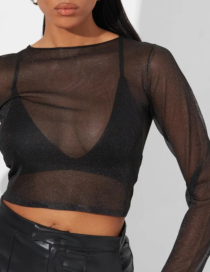 Women Kaiia Sheer Knit Top In Black Glitter Black Public Desire Tops