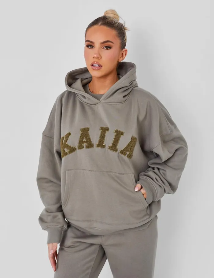 Women Kaiia Slogan Oversized Hoodie Coord Khaki Green Public Desire Tracksuit