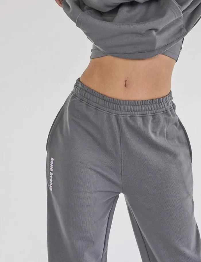 Women Kaiia Studio Bubble Logo Wide Leg Sweat Pants Dark Grey and Lilac Grey Public Desire Jogger and Leggings