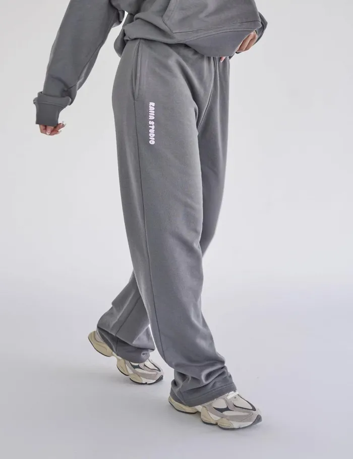 Women Kaiia Studio Bubble Logo Wide Leg Sweat Pants Dark Grey and Lilac Grey Public Desire Jogger and Leggings