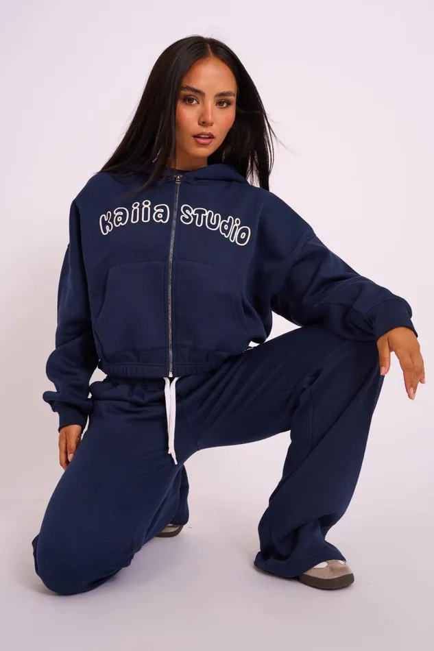 Women Kaiia Studio Bubble Zip Through Hoodie Navy White Public Desire Kaiia The Label