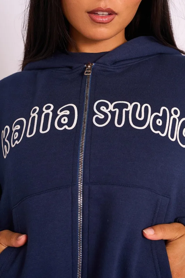 Women Kaiia Studio Bubble Zip Through Hoodie Navy White Public Desire Kaiia The Label