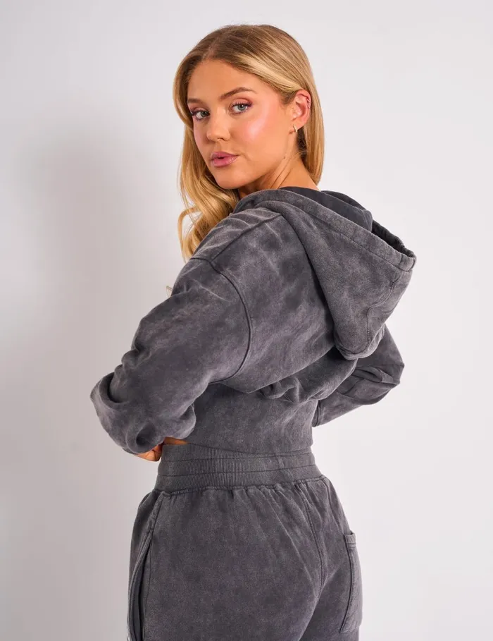 Women Kaiia Studio Cropped Zip Up Hoodie Dark Grey Wash and Pink Pink Public Desire Sweatshirt and Hoodies