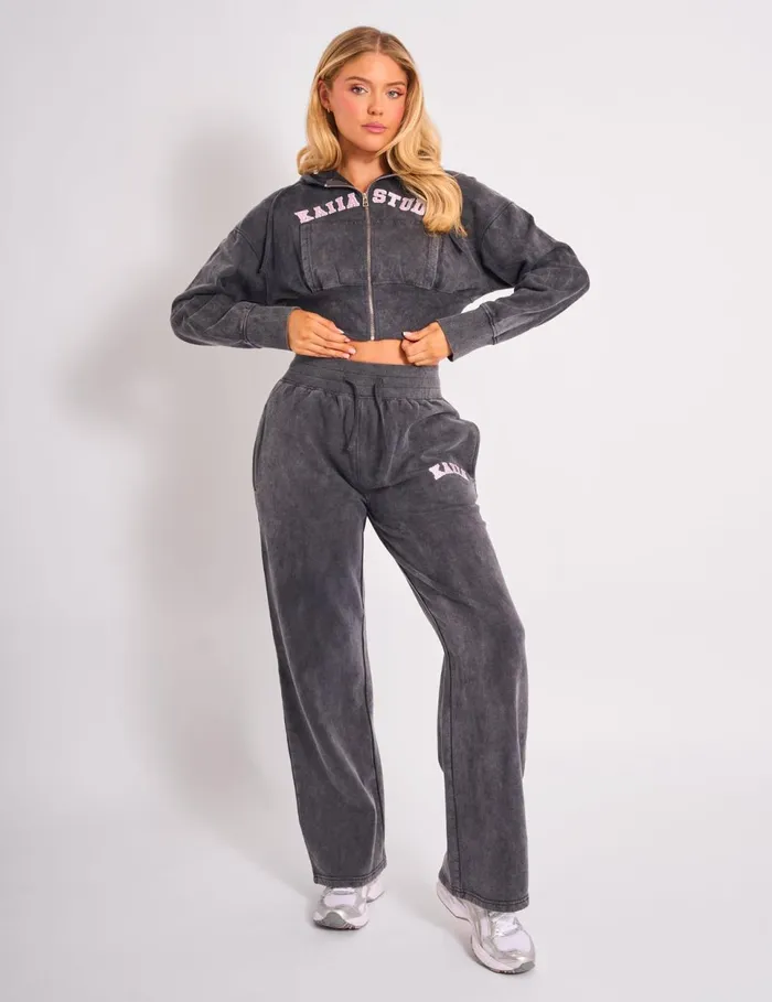 Women Kaiia Studio Cropped Zip Up Hoodie Dark Grey Wash and Pink Pink Public Desire Sweatshirt and Hoodies