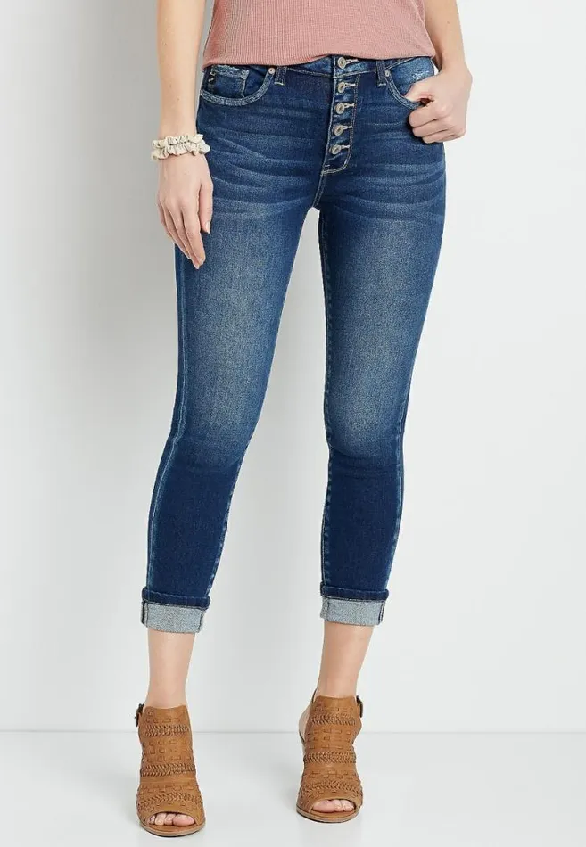 Women Kancan High Rise Dark Button Fly Cropped Jean Maurices Jeans