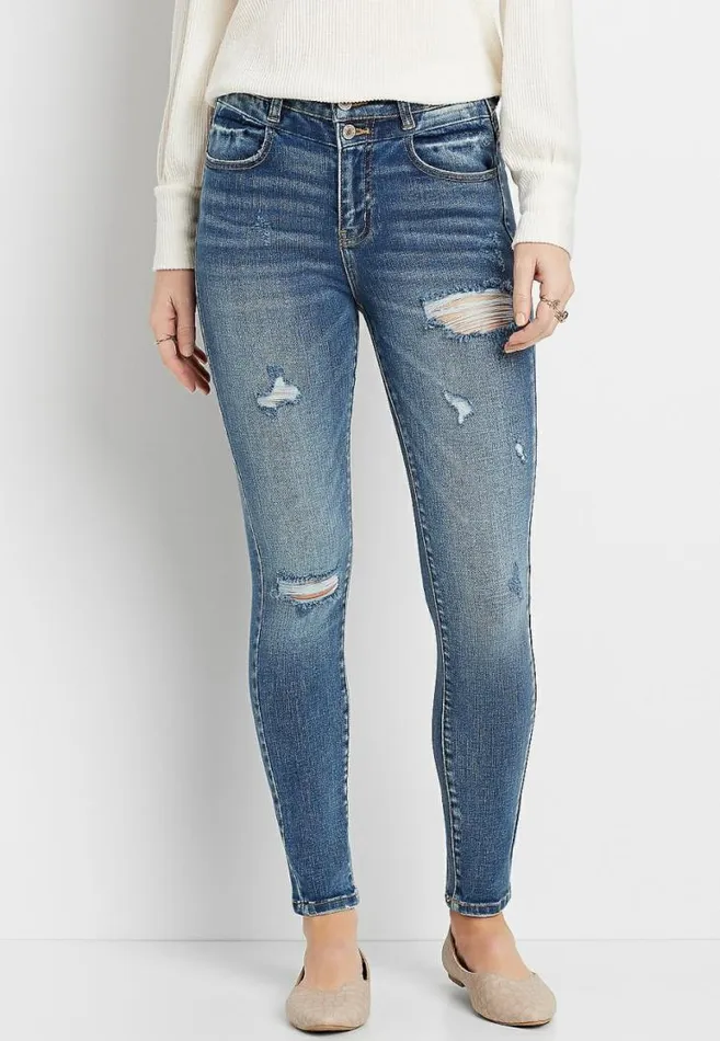 Women Kancan High Rise Dark Destructed Stacked Waist Skinny Jean Maurices Jeans