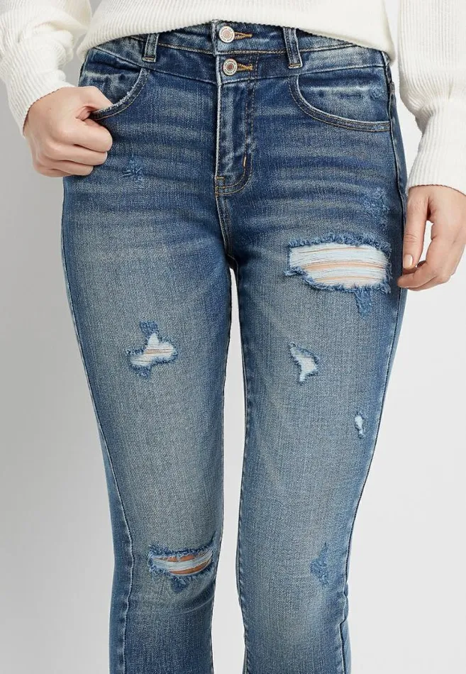 Women Kancan High Rise Dark Destructed Stacked Waist Skinny Jean Maurices Jeans