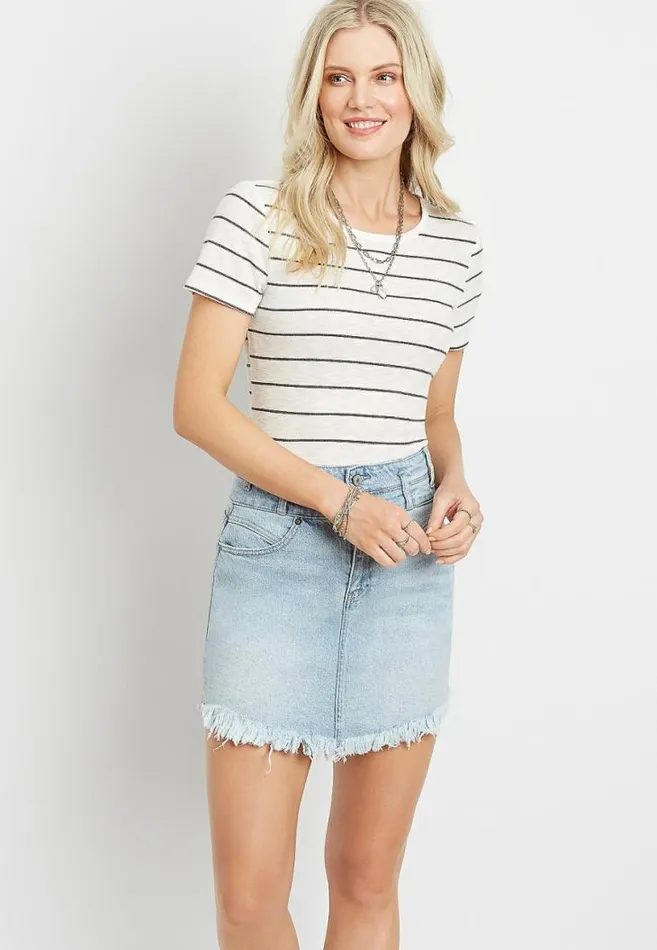 Women Kancan High Rise Stacked Waist Fray Hem Denim Skirt Maurices Bottoms