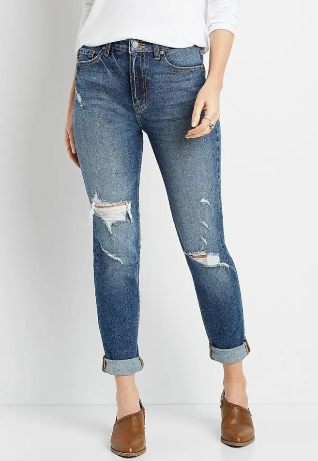 Women Kancan Super High Rise Dark Destructed Mom Jean Maurices Jeans