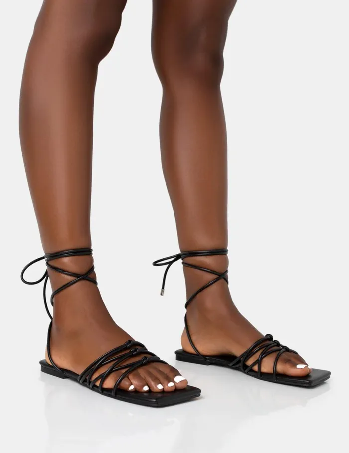 Women Kelly Black PU Lace Up Flat Square Toe Sandals Black Public Desire Lace Up Heels Women Kelly Black PU Lace Up Flat Square Toe Sandals Black Public Desire Lace Up Heels