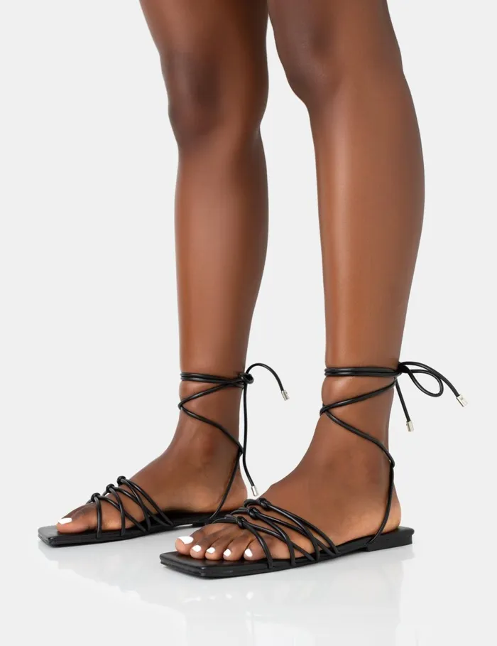 Women Kelly Black PU Lace Up Flat Square Toe Sandals Black Public Desire Lace Up Heels