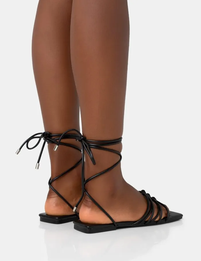 Women Kelly Black PU Lace Up Flat Square Toe Sandals Black Public Desire Lace Up Heels