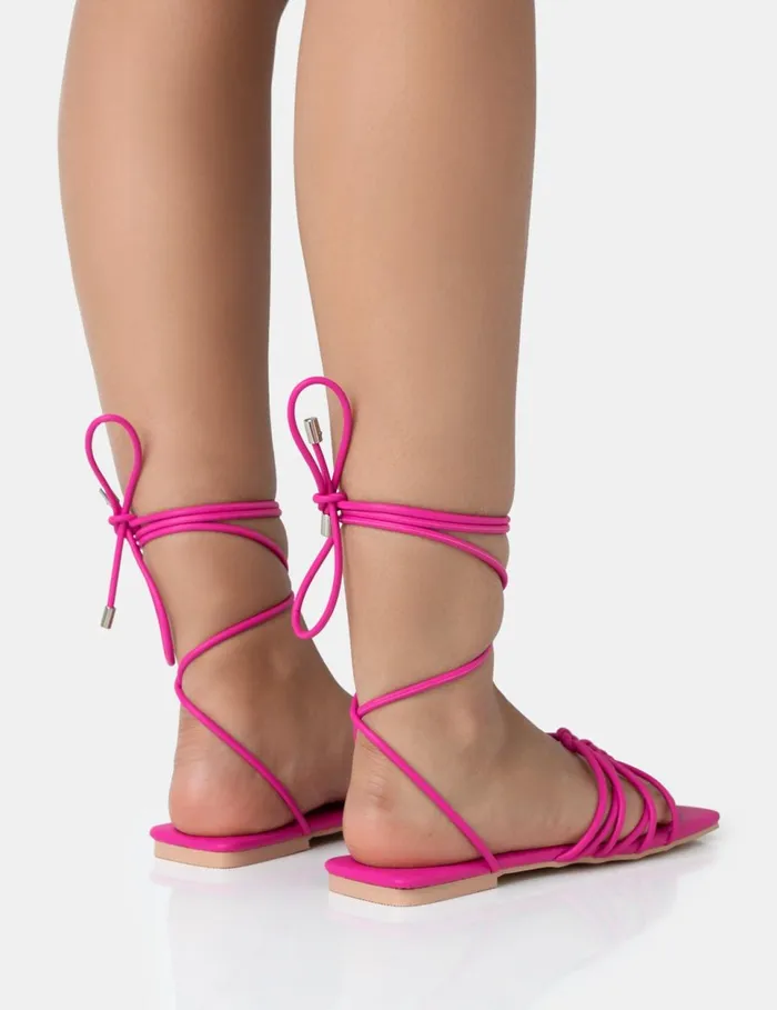 Women Kelly Hot Pink PU Lace Up Flat Square Toe Sandals Pink Public Desire Lace Up Heels