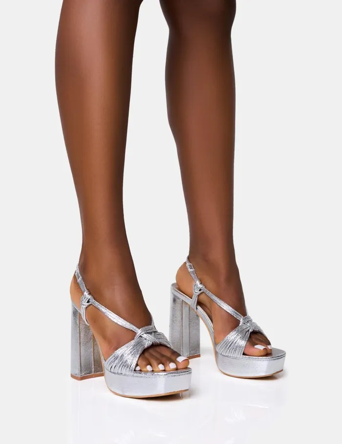Women Kenya Silver Knot Front Platform Heels Silver Public Desire Holiday