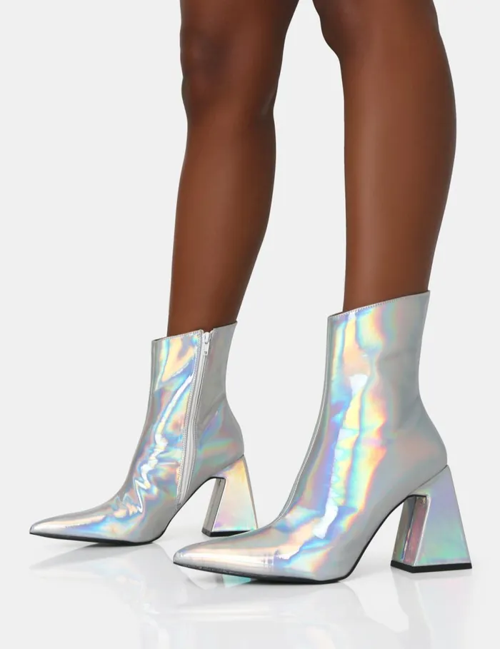 Women Kenzie Holographic PU Pointed Toe Block Heel Ankle Boots Silver Public Desire Party