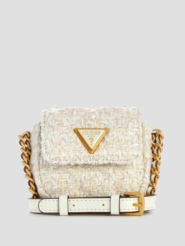 WomenKids GUESS Handbags Giully Tweed Micro Mini Crossbody Ivory Multi