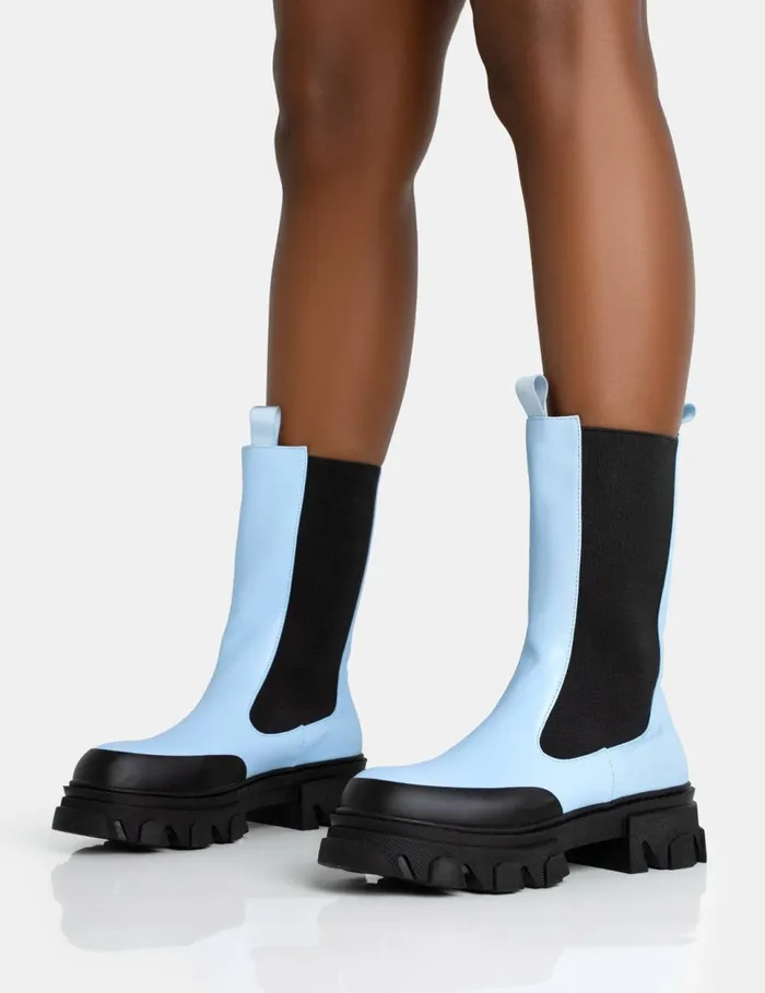 Women Kira Blue PU Chunky Sole Chelsea Ankle Boots Blue Public Desire Ankle Boots