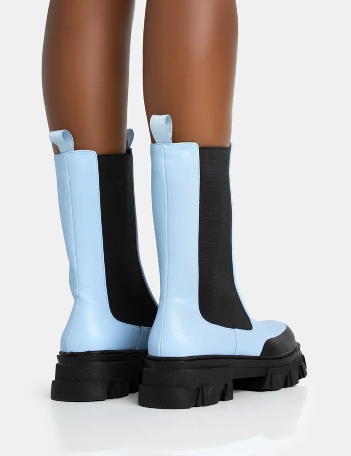 Women Kira Blue PU Chunky Sole Chelsea Ankle Boots Blue Public Desire Ankle Boots