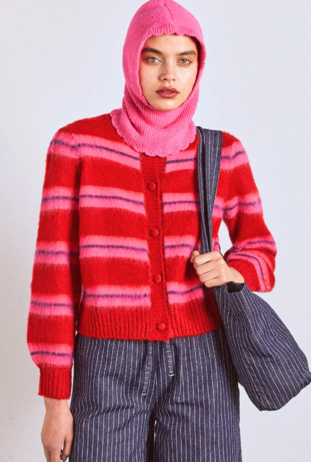 Women Knitwear Damson Madder Cece Stripe Cardigan 8211 Red and Pink Stripe