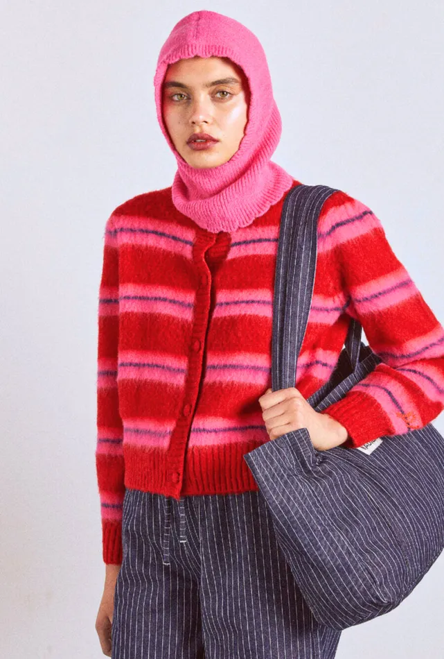 Women Knitwear Damson Madder Cece Stripe Cardigan 8211 Red and Pink Stripe