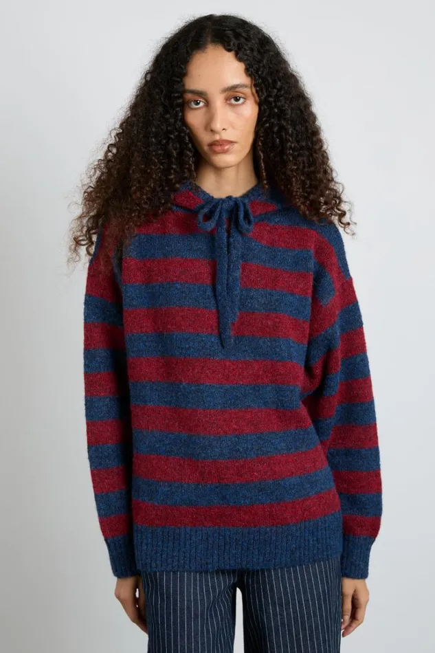 Women Knitwear Damson Madder Riley Knit Hoodie 8211 Red Navy Stripe
