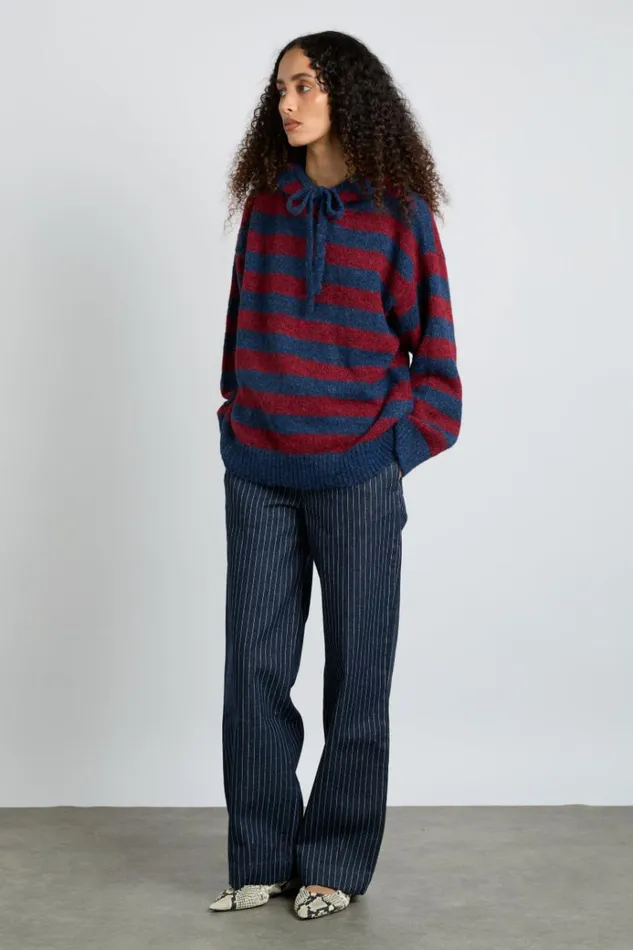 Women Knitwear Damson Madder Riley Knit Hoodie 8211 Red Navy Stripe