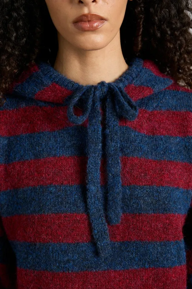Women Knitwear Damson Madder Riley Knit Hoodie 8211 Red Navy Stripe