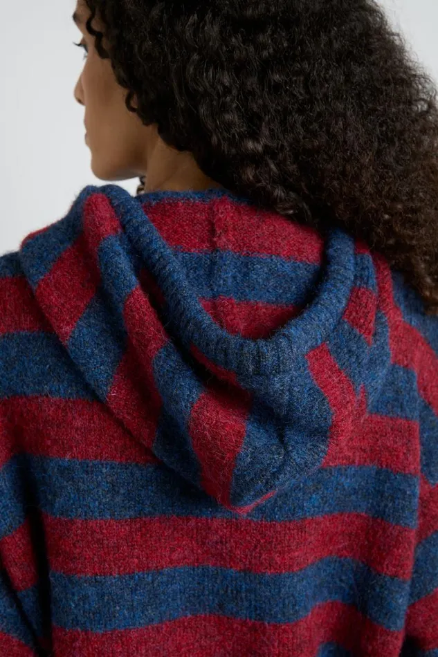 Women Knitwear Damson Madder Riley Knit Hoodie 8211 Red Navy Stripe