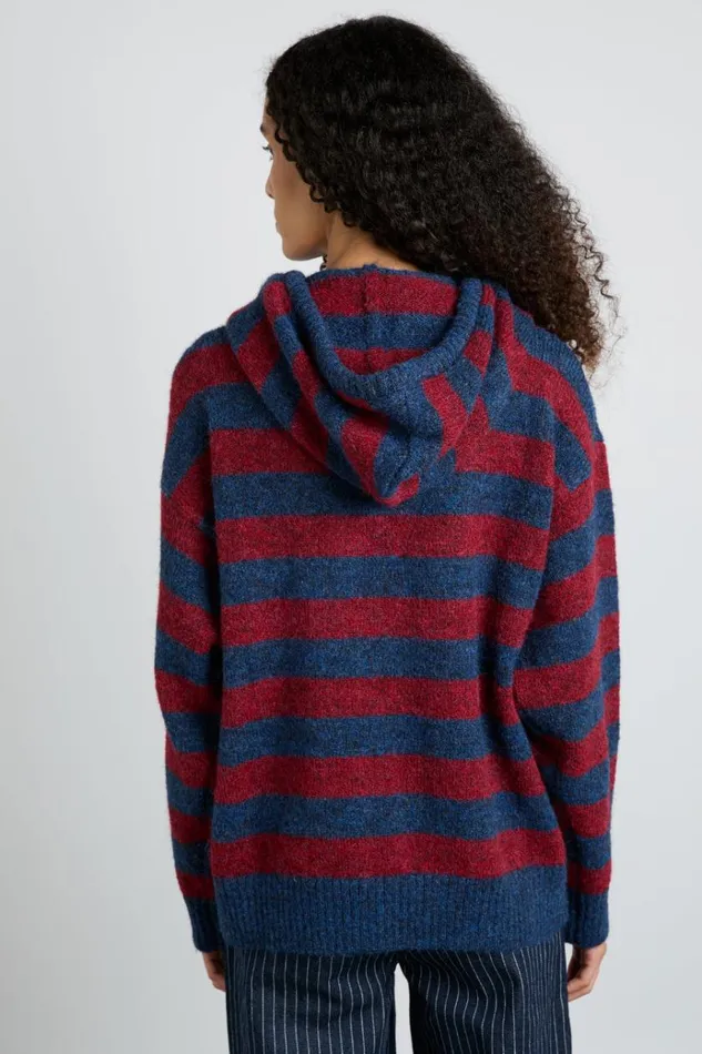 Women Knitwear Damson Madder Riley Knit Hoodie 8211 Red Navy Stripe