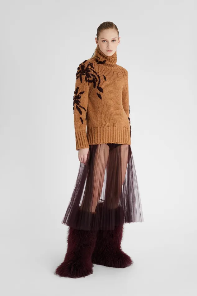 Women Knitwear Ermanno Scervino Designer Alpaca Blend Jumper With High Neck And Handmade Embroidery 8211 Ermanno Scervino Beige