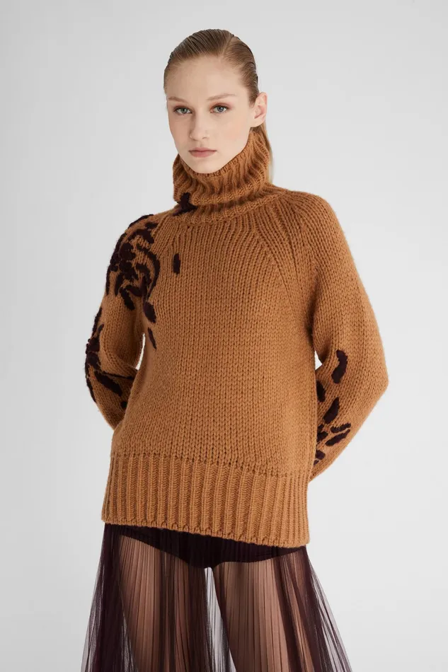 Women Knitwear Ermanno Scervino Designer Alpaca Blend Jumper With High Neck And Handmade Embroidery 8211 Ermanno Scervino Beige