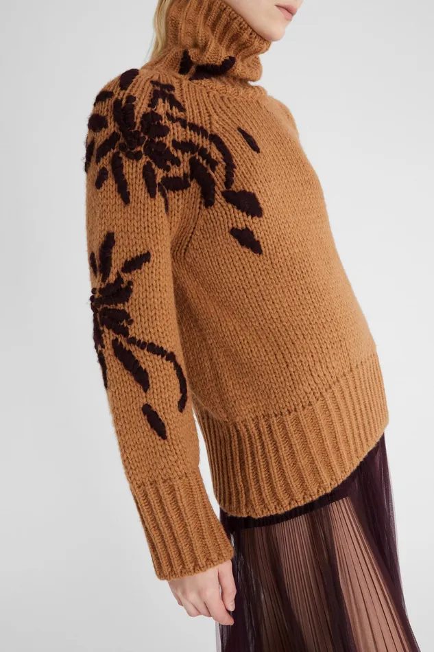 Women Knitwear Ermanno Scervino Designer Alpaca Blend Jumper With High Neck And Handmade Embroidery 8211 Ermanno Scervino Beige
