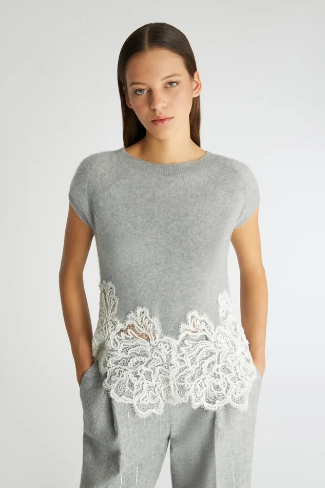 Women Knitwear Ermanno Scervino Grey Cashmere Sweater With White Lace 8211 Ermanno Scervino Grey