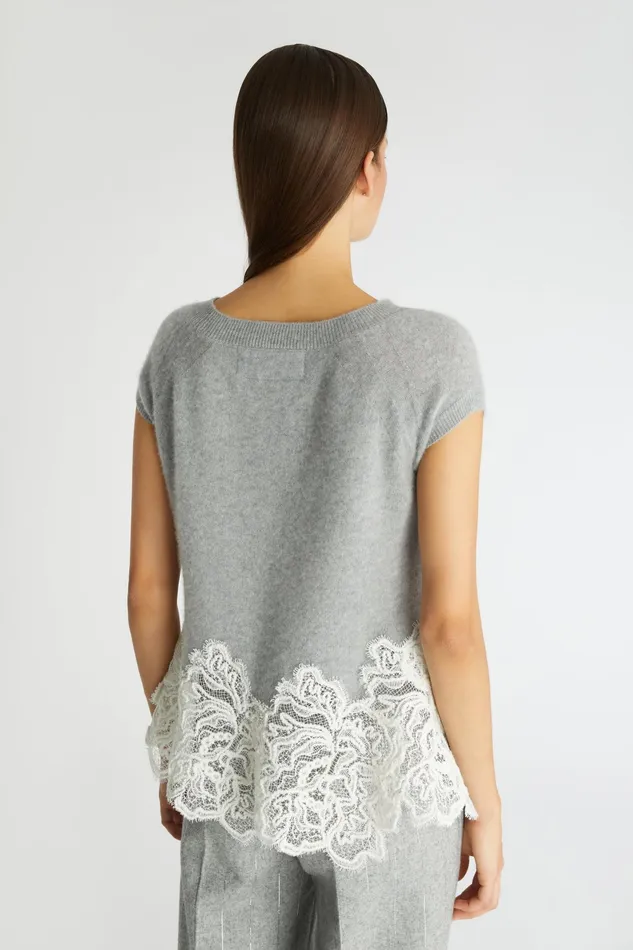 Women Knitwear Ermanno Scervino Grey Cashmere Sweater With White Lace 8211 Ermanno Scervino Grey