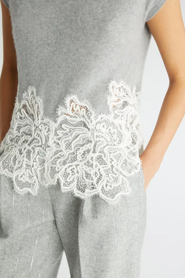 Women Knitwear Ermanno Scervino Grey Cashmere Sweater With White Lace 8211 Ermanno Scervino Grey