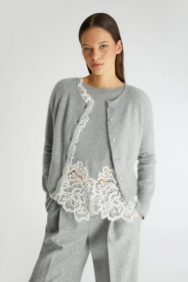 Women Knitwear Ermanno Scervino Lace Grey Cropped Cardigan In Cashmere 8211 Ermanno Scervino Grey